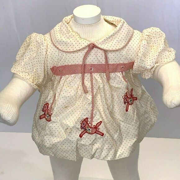 Unbranded Other - Vintage Infant Babydoll Dress 0-3m Polka Dots Embroidered Horses Collar Buttons